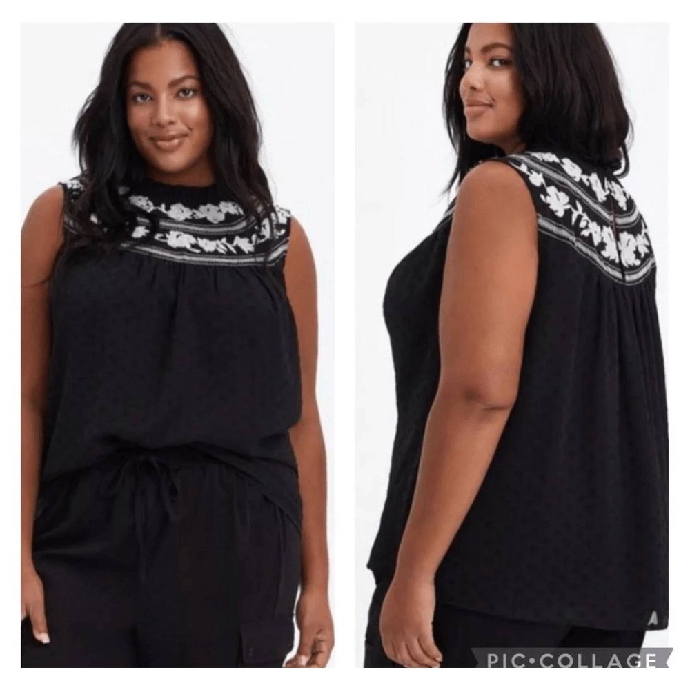 Torrid Black Clip Dot Embroidered Floral Yoke Sleeveless Blouse Top Sz 1 (1X)